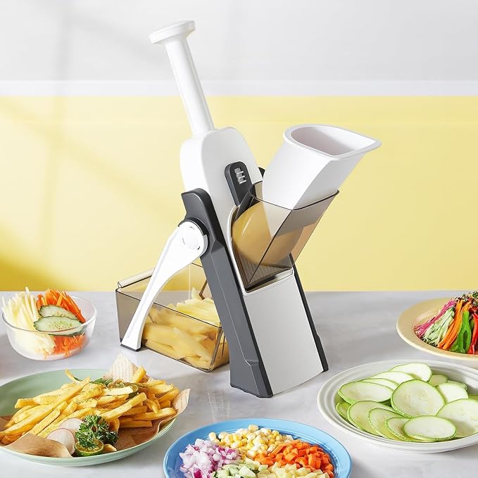 Adjustable Mandoline Slicer & Vegetable Chopper - Professional Kitchen Food Slicer, Multifunctional Potato Cutter, French Fry & Salad Chopper with 5 Blades (Blue)