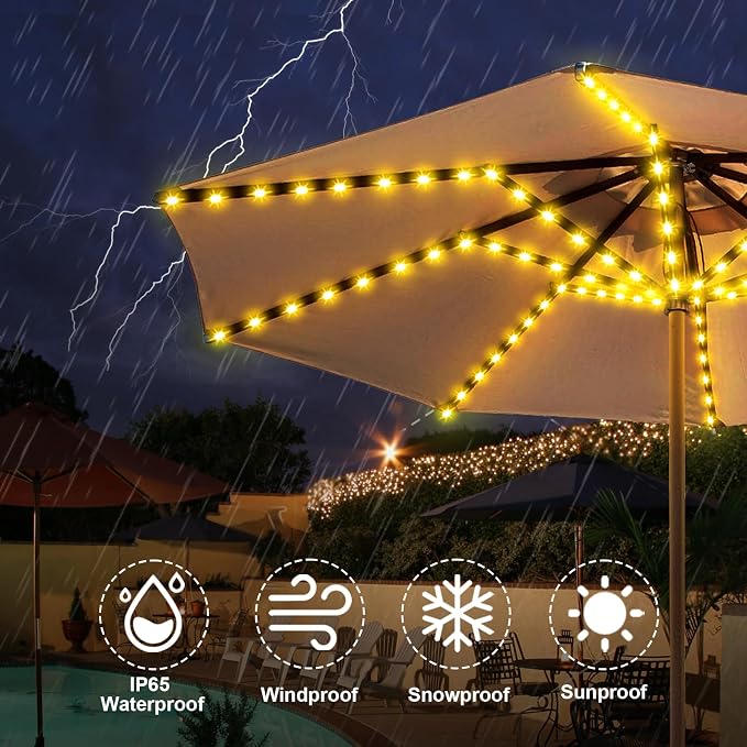 Patio Umbrella Solar Lights with 8 Lighting Modes - Upgraded Larger Solar Panel Clip 5V 152 LEDs Umbrella Lights Outdoor Waterproof for Patio Beach Tent Camping Garden Decor, Warm White