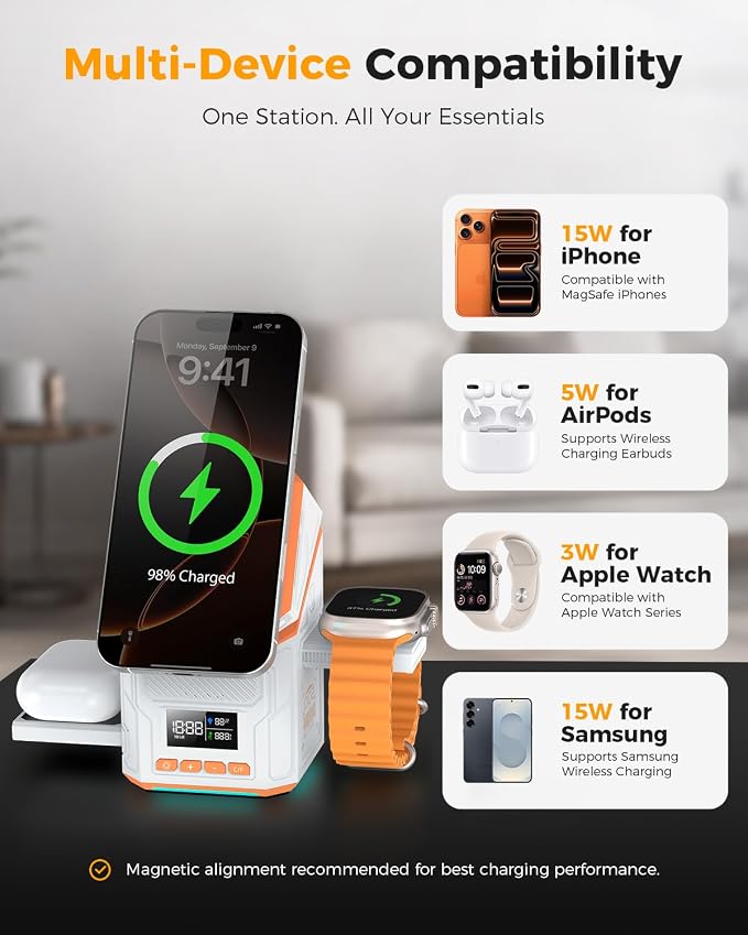 3 in 1 Charging Station for Apple, Qi2 Certified Touch Rotating Design Wireless Charging Station, Magnetic Fast Wireless Charger Station for iPhone 17 16 15 14 13 12 Series, Apple Watch, AirPods
