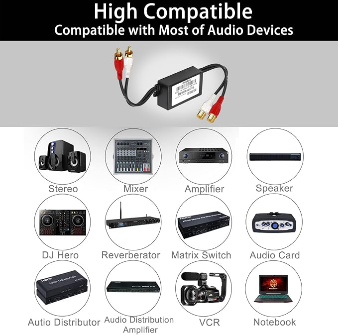 RCA Noise Filter Hum Eliminator Ground Loop Isolator (No Affect Bass) Quality Isolator for HiFi Stereo Home Theater Car Audio Player (Black)
