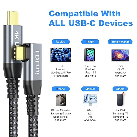 LDLrui USB C Monitor Cable, 4K 60HZ Display, Right Angle 10FT, 20Gbps Data Transfer, 100W Charging, 90 Degree USB 3.2 Gen2x2 Video Cable for MacBook Pro, iPhone17/16, Portable Monitor, Webcam