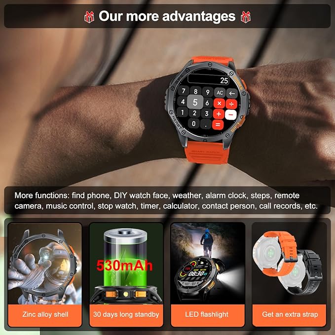 Military Smart Watches Built-in GPS, 170+ Sport Modes for Men with Flashlight, Smartwatch for Android Phones and iPhone, 1.43" AMOLED Screen Bluetooth Call Compass Altimeter (Black & Camo (2 Bands))