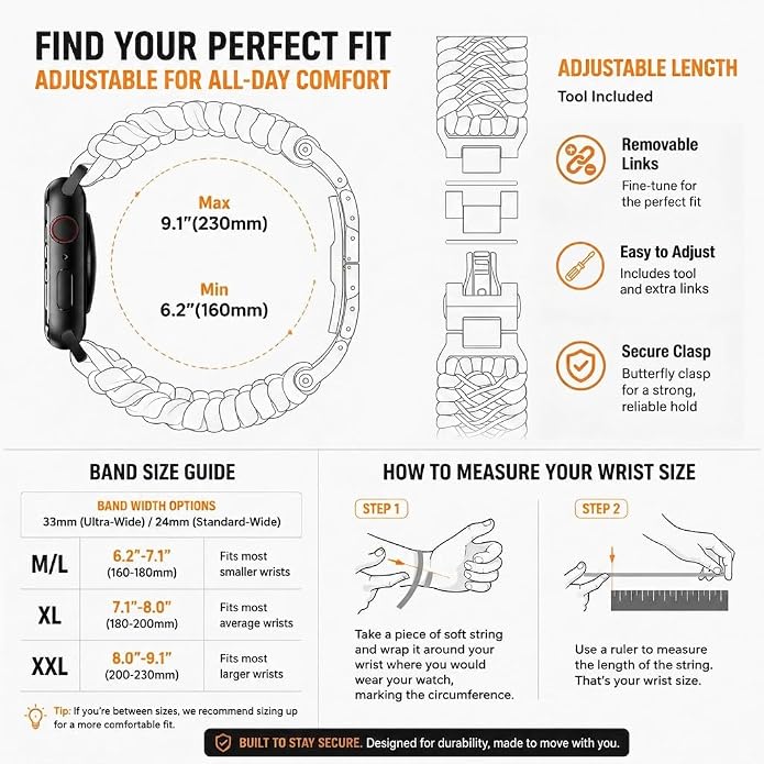 Tefeca Titan Series Paracord Band Compatible with Apple Watch Ultra 2/49mm, Series 10/46mm, 9/8/7/45mm, SE2/SE/6/5/4/44mm, and 3/2/1/42mm