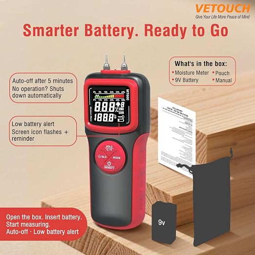 2 in 1 Pin & Pinless Wood Moisture Meter, Digital Moisture Detector with LCD Display & Alarm, Temperature Humidity Tester for Wood, Building Materials, Firewood, Walls, Floors, Home Renovation