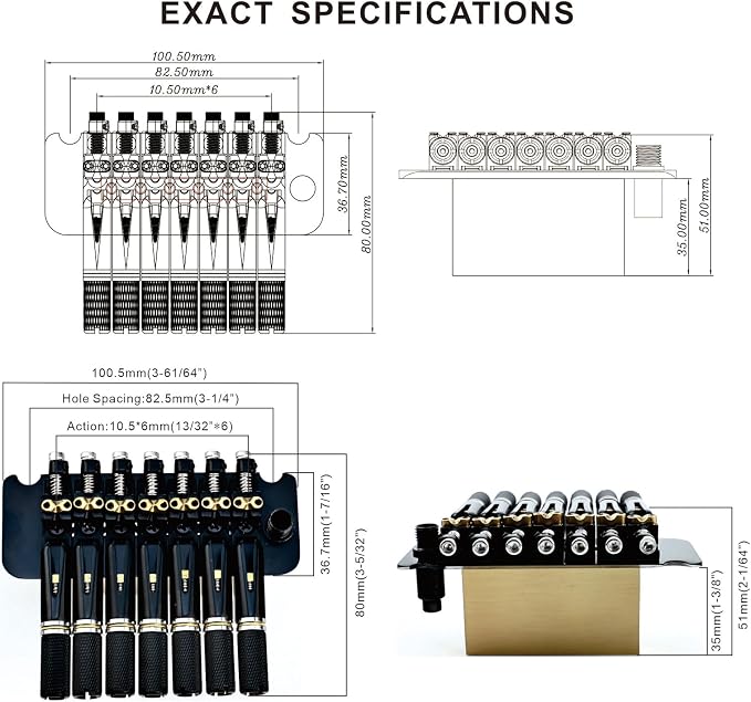 10.5mm 7-String Headless Electric Guitar Bridge, 2 point tremolo bridge - Brass Block Saddle Hardened Steel Plate,Fit for 7 String Headless Electric Guitar Replacement parts(All Black)