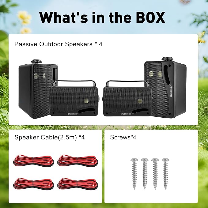 STUDIOFINIX 3.5'' Passive Outdoor Speakers Wired Waterproof,400W Premium Mountable Wall Mount Speakers with Superior Sound,All-Weather Durability,for Patio Marine Boat Garage Indoor(Black 2 Pairs)