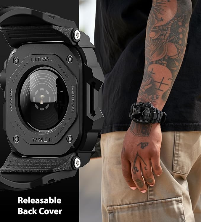 ULTIMAL Rugged Case with Band for Apple Watch 46mm,Compatible with Apple Watch Series 11/10, Military Grade Shockproof Bumper Cover for iWatch Tactical Band Men (Black, 46mm)