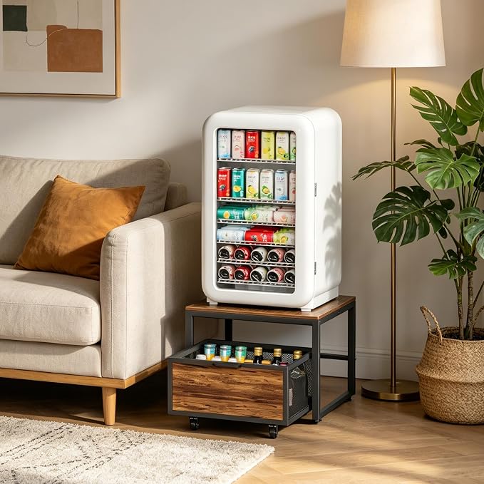 Mini Fridge Stand with Storage, End Table, Heavy Duty Refrigerator Stand with Mobile Drawer Basket for Dorm, Home, Kitchen, Office, Stand for Drinks Refrigerator, Wine Cooler, Water Dispenser