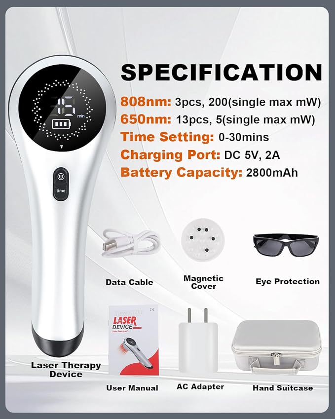 LLLT Cold Laser Therapy Device for Dogs/Human with Protective Magnetic Cover, Handheld Infrared Red Light Therapy for Target Joint & Muscle Pain Relief, 13pcs 650nm + 3pcs 808nm Pet Treatment Device