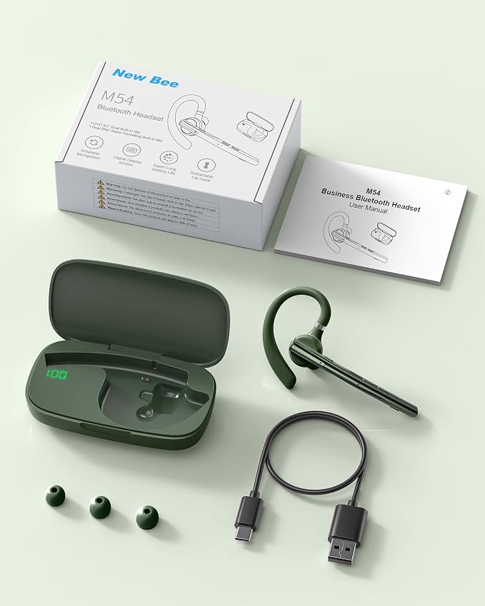 New Bee Bluetooth Headset, Single-Ear Bluetooth Earpiece for Cell Phone Calls, Dual Mic with Mute Button, 72H Talk Time, 500mAh Charging Case Wireless Headset for Phone and Laptop