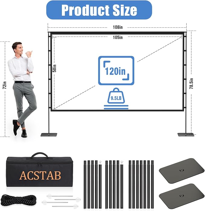 Outdoor Projector Screen with Stand - 120 Inch Portable Projector Screen Outdoor Indoor Projection Screen 16:9 4K HD Movie Screens with Carry Bag Can Enjoy Home Theater Projection Screens