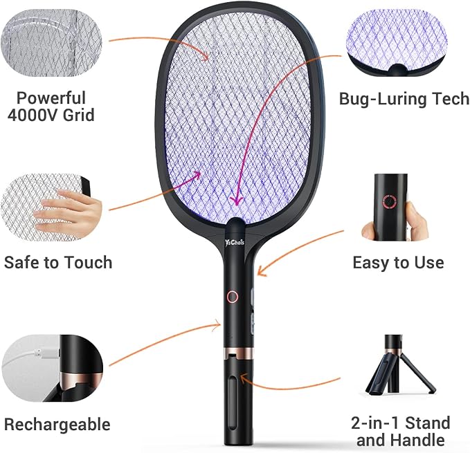 YsChois Electric Fly Swatter Racket, Rechargeable Fly Zapper - 4000 Volt, Exclusive 2-in-1 Bug Zapper Racket - USB Charging, 1800mAh Li-Battery, Indoor & Outdoor Use, Black, 2 Packs