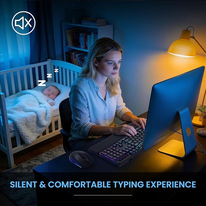 COLIKES Ergonomic Wireless Keyboard and Mouse Silent, Rechargeable Wave Keyboard with 15 Lighting RGB Backlit Effects, Soft Leather Wrist Rest, 3200 DPI Mouse for PC Computer Laptop Windows Mac
