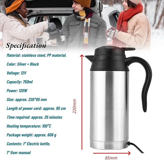 750ml Portable Electric Travel Bottle Car Electric Kettle for Heating Water Coffee Milk Tea Stainless Steel Car Water Boiler (12V Car Water Heating Kettle)