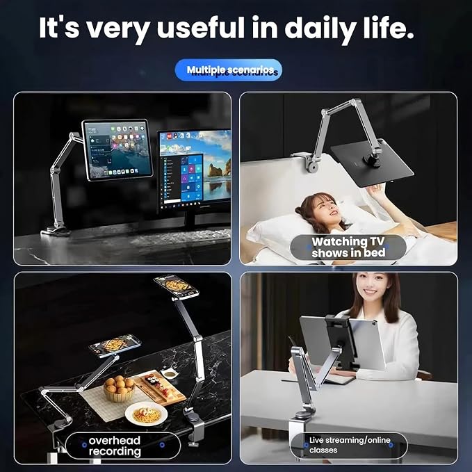 2-in-1 Tablet Stand for Desk, with Clamp & Magnetic Ring Head, Aluminum Foldable Holder Arm with 360°Rotatable Adjustable Base, Clamp Mount for 4"-12.9" Tablets, Phones Devices