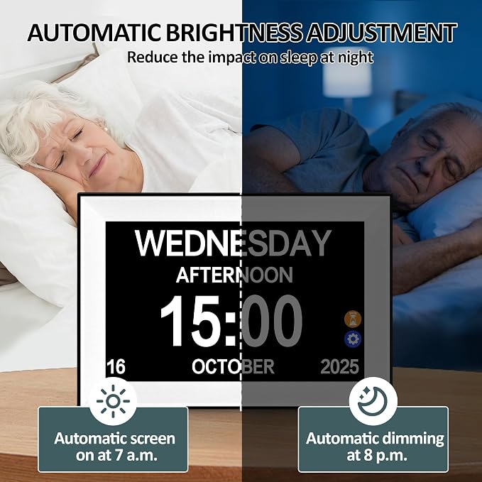 10.1" Touchscreen Digital Clock Large Display, Dementia Clocks for Seniors Custom 64 Reminders and Alarms, Auto DST, Auto-Dimming, Digital Alarm Clock with Day and Date for Elderly(White)