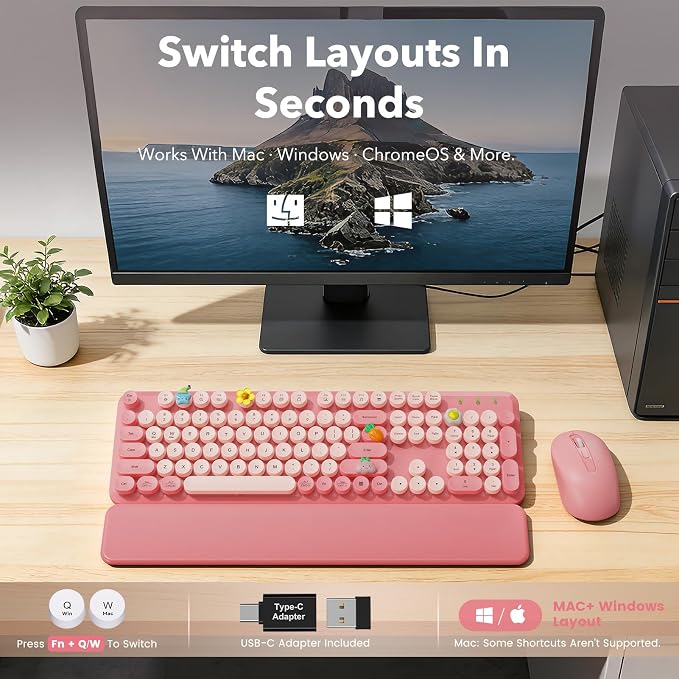 Wireless Keyboard and Mouse Combo, Cute Full-Size Retro Typewriter Keyboard with Round Keycaps, Magnetic Wrist Rest, Tilt Legs, 2.4GHz Cordless for Mac, Windows PC, Laptop, SABLUTE CK23, Baby Pink