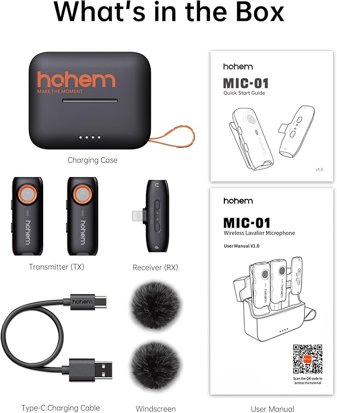 hohem MIC-01 Wireless Lavalier Microphone for iPhone, Noise Cancellation, 48kHz 328ft Range, 20 Hours Battery, Wireless Microphone for iOS, Live Streaming, Vlog (2TX + 1RX + Charging Case)