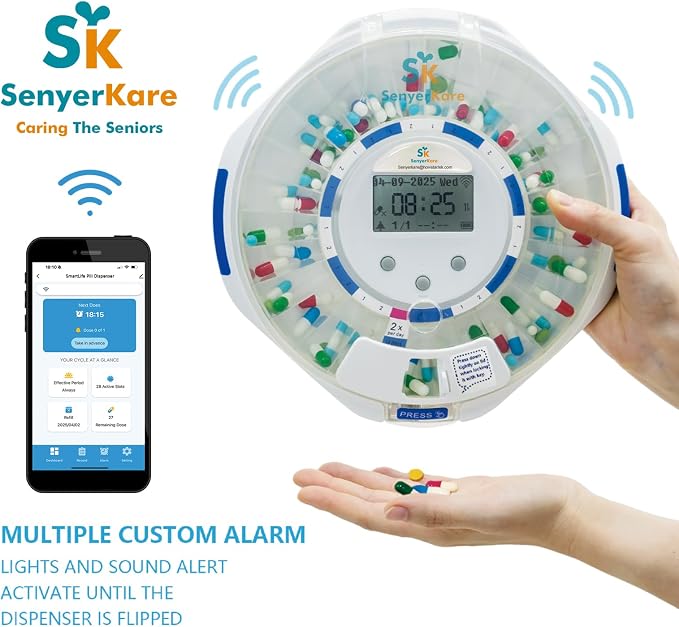 Smart WiFi Automatic Pill Dispenser with App, Locked Medication Organizer for Elderly - Tracks Adherence History, 28 Slots, Sound/Light/APP Alerts, Up to 9 Alarms/Day, for Vitamins, Supplements