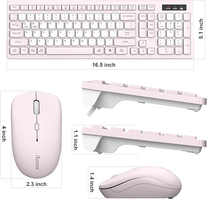 Wireless Keyboard and Mouse Combo, Full-Sized Quiet Wireless Keyboard and Adjustable DPI Mouse, 2.4GHz USB Receiver, Keyboard and Mouse for PC, Windows, Desktop, Laptop (Pink and White-B)