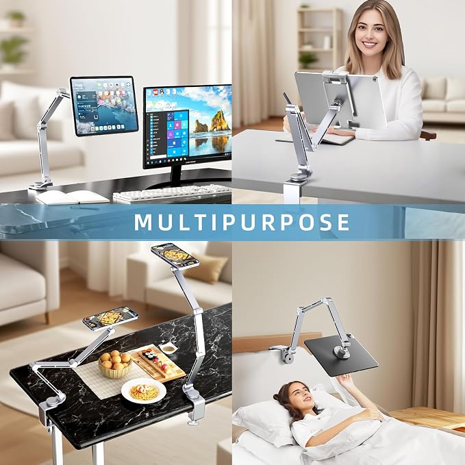 Tablet Stand for Desk, iPad Desk Mount, Magnetic Tablet Holder for Desk, Foldable Phone Arm Mount with 360° Adjustable Rotatable, Phone Holder iPad Stand Fits for 4.7-15.6" Screen (Sliver)