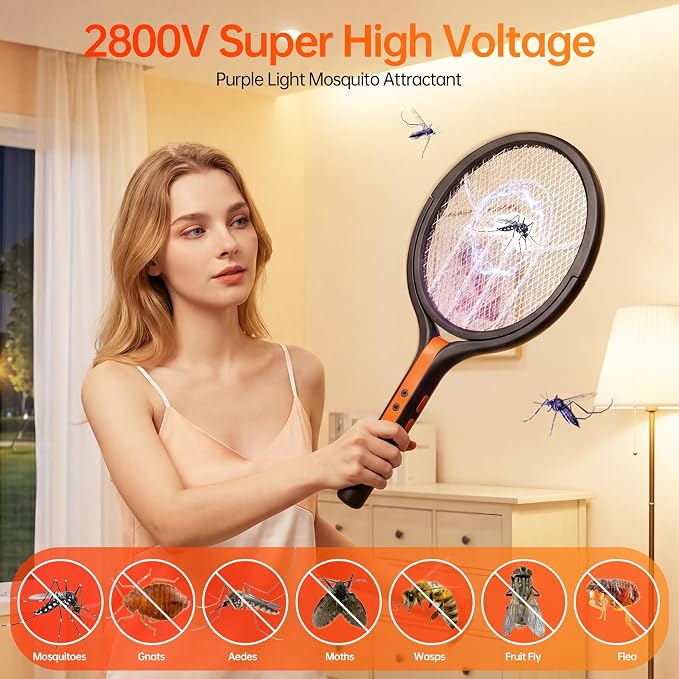 Rotating Head Electric Fly Swatter, 2800V Bug Zapper with Telescopic Extension, 3-in-1 Rechargeable Mosquito Racket for Handheld/Standing/Wall Mount Use - Indoor Outdoor