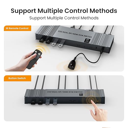 8K@60Hz HDMI+DP KVM Switch with 4-Port USB 3.0 Hub Dual HDMI Monitor KVM Switch for 2 Computers Supports Extended/Copy Mode, Keyboard & Mouse Sharing, Includes USB Cables & Remote Controller