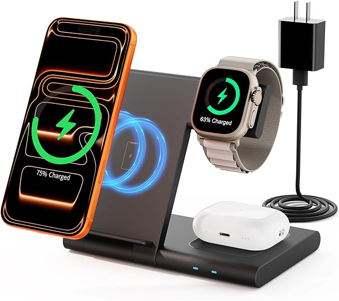 3 in1 Wireless Charger for iPhone,Wireless Charging Station for Multiple Devices Apple (Black Grey)