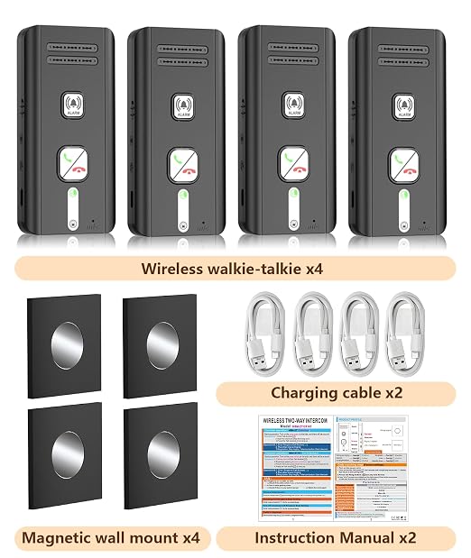Intercoms Wireless for Home 4 Pack, Rechargeable 2 Way Indoor Outdoor Home Intercoms with Adjustable Ringtones, Voice Activated for Elderly, Portable Whole House Intercom for Family House Use