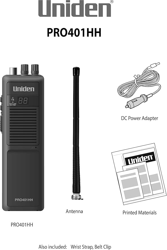Uniden PRO401HH Professional Series 40 Channel Handheld CB Radio, 4 Watts Power with Hi/Low Power Switch, Auto Noise Cancellation, Belt Clip and Strap Included, 2.75in. x 4.33in. x 8.66in.(Pack of 6)