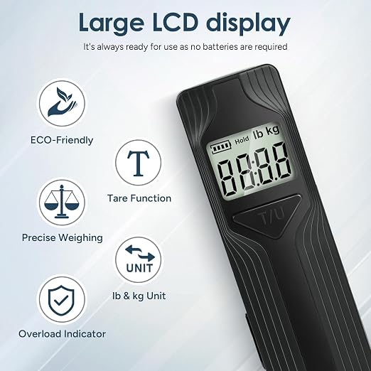 Battery-Free Luggage Scale – No Batteries Needed, Portable Digital Hanging Suitcase Weight Scale for Air Travel & Checked Bags, 110lb/50kg, LCD Display, Compact Travel Accessory