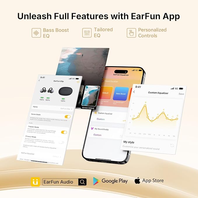 EarFun Clip Open Ear Earbuds, Wireless Clip On Headphones, Adaptive Comfort with Secure Fit, Bluetooth 6.0, LDAC, Hi-Res Audio, 2 Mics AI ENC Call, 40H Playtime, Earbuds for Sports, Running, Black