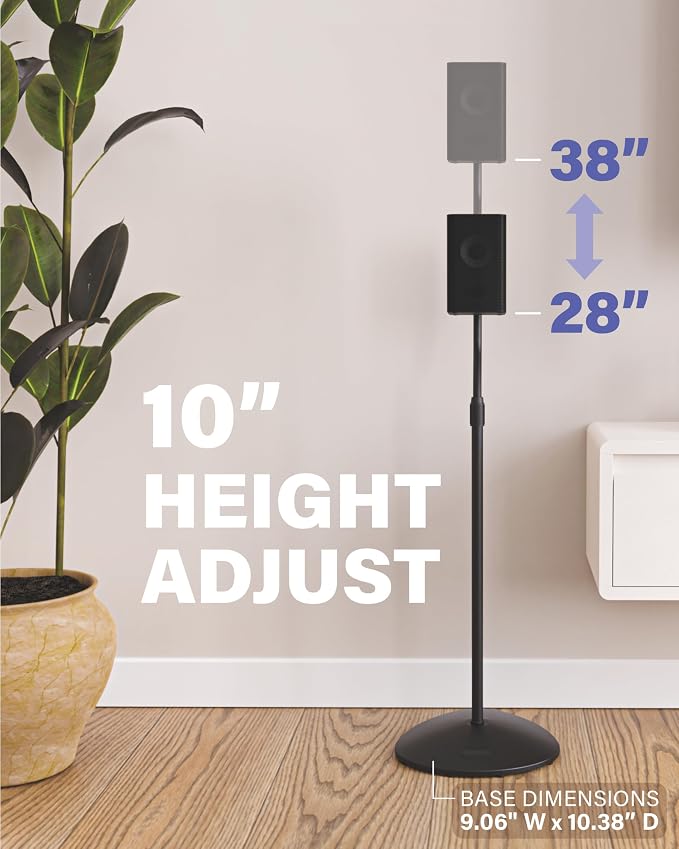 SANUS Speaker Stands Pair for Satellite & Bookshelf Speakers up to 3.5lbs – 10” Height Adjustment – Includes L-Shaped Bracket & Keyhole Adapter for Compatibility – Easy DIY Assembly