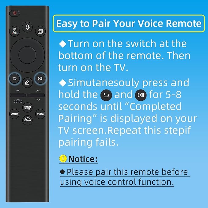 Rechargeable TV Remote for Samsung Smart TVs, Replacement for All 2019-2026 Samsung TV Remote Control with Voice Control. USB-C Fast Charging. Solar Charging. 2-Year Warranty.