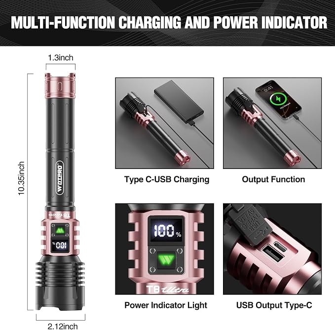 WdtPro Rechargeable LED Flashlights High Lumens, Super Bright 90000LM Rechargeable Flashlight with LCD Display, 5 Modes & Waterproof Powerful 10000mAh Handheld Flashlight for Camping Emergency Pink