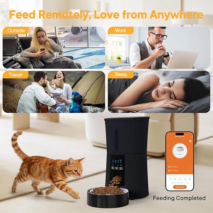 NEWBULIG 4L Automatic Cat Feeder with APP Control, 2.4G WiFi Timed Pet Feeders for Dry Food, 10 Meals/Day, 50 Portions/Meal, Dog Food Dispenser with 10s Voice Recorder, Dual Power Supply, Black