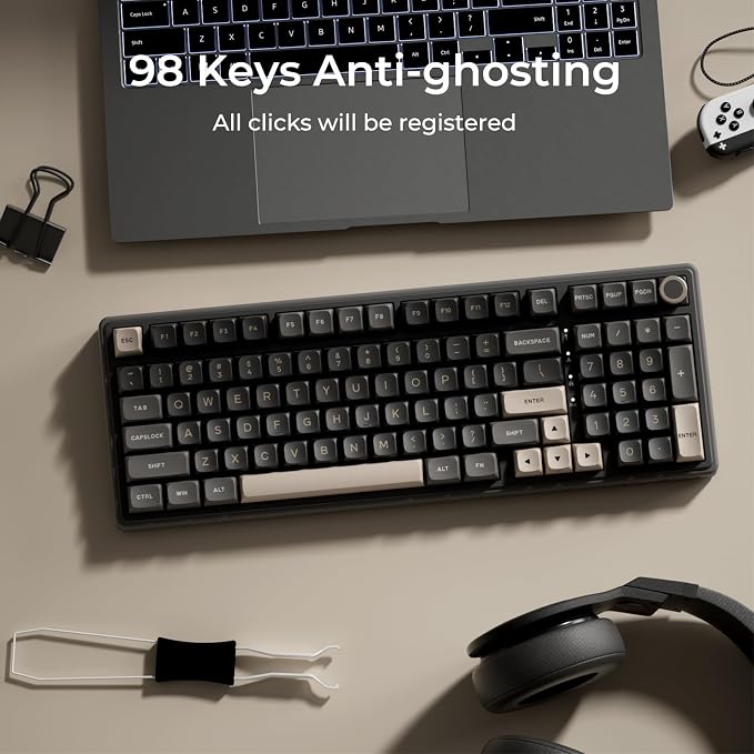 RK ROYAL KLUDGE R98 Pro Wired Mechanical Keyboard, RGB PC Gaming Keyboard with Number Pad and Volume Knob, Gasket Mount, MDA Profile PBT Keycaps, for Win/Mac, Hot Swappable Tactile Beige Switch