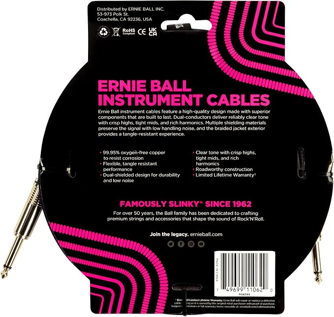 Ernie Ball Braided Instrument Cable, Straight Straight, 10ft, Purple/Black