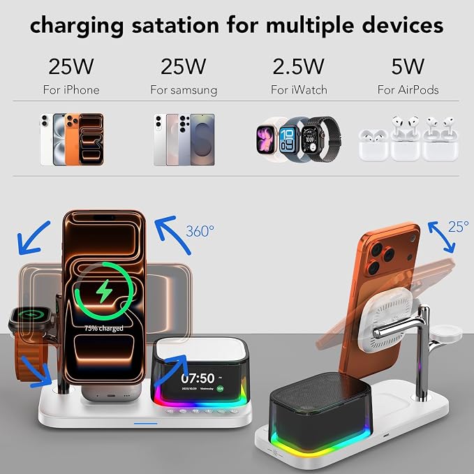 Alarm Clock with Wireless Charging,7 in 1 Charging Station with Night Light,Bluetooth Speakers,Qi2.2 25W Magnetic Charger for iPhone 17 16 15 14 13 12 Pro Max Plus Apple Watch Airpods,Bedroom