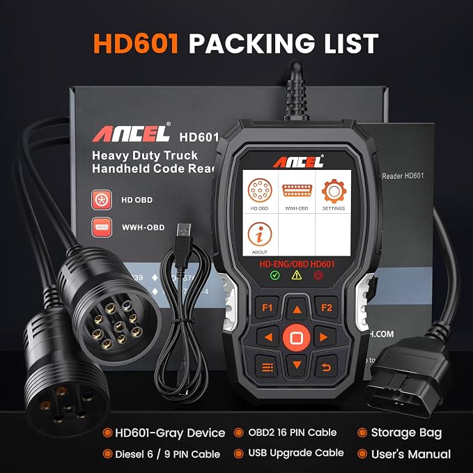 ANCEL Heavy Duty Truck Scanner HD601 All System Diesel Diagnostic Scan Tool fits for Cummins, Detroit, Freightliner, International, Paccar, Check Engine for Truck & Car 2 in 1 Code Reader (Gray)