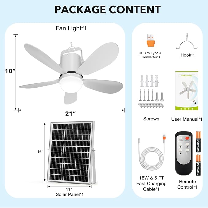 21” Solar Ceiling Fan Light, Solar Outdoor Ceiling Fan Light with Remote and Hook, Portable Wireless Rechargeable Outdoor Hanging Fans for Camping RVs Patio Canopy Chicken Coop Outside