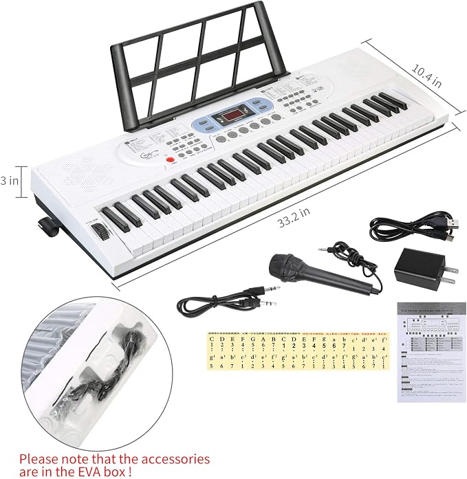 Keyboard Piano Lighted Keys for Beginner Adults Teens Kids, 61 Key Electronic Music Keyboard with Teaching Modes Powered by USB or Battery with LCD Display Microphone Headphone Jack