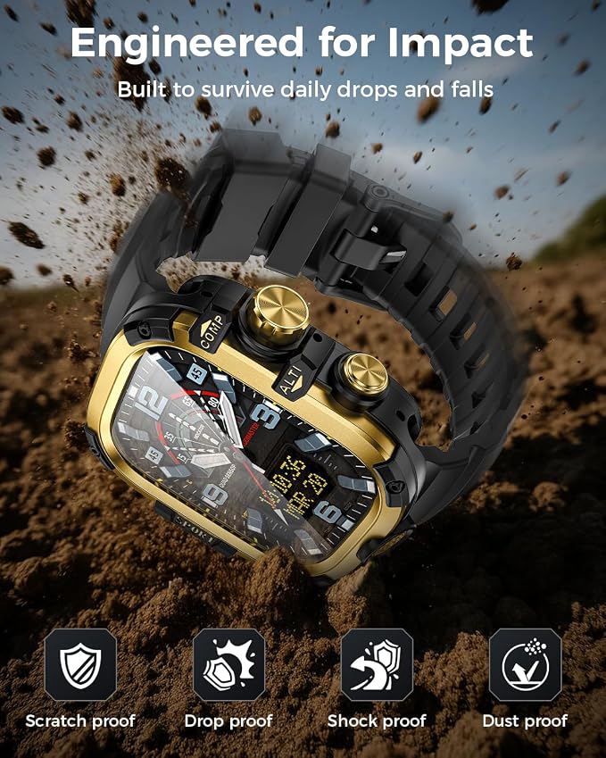 Goton Rugged Case and Band Kit with Screen Protector for Apple Watch 49mm, Compatible with Apple Watch Ultra 3/2/1, Full Body Shockproof Metal+PC Bumper Cover with Soft Band, 49mm Gold