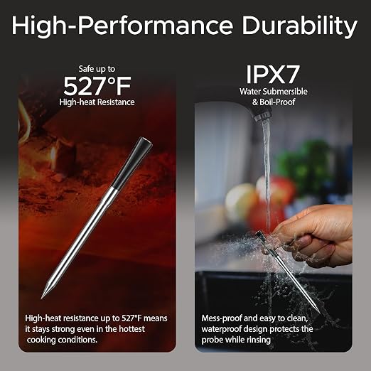 750ft Wireless Meat Thermometer Long Range for Smoker, BBQ & Rotisserie, 2 Probes Smart Bluetooth Thermometer Dual Sensor Waterproof Probe with LCD Base Station Display & App Control
