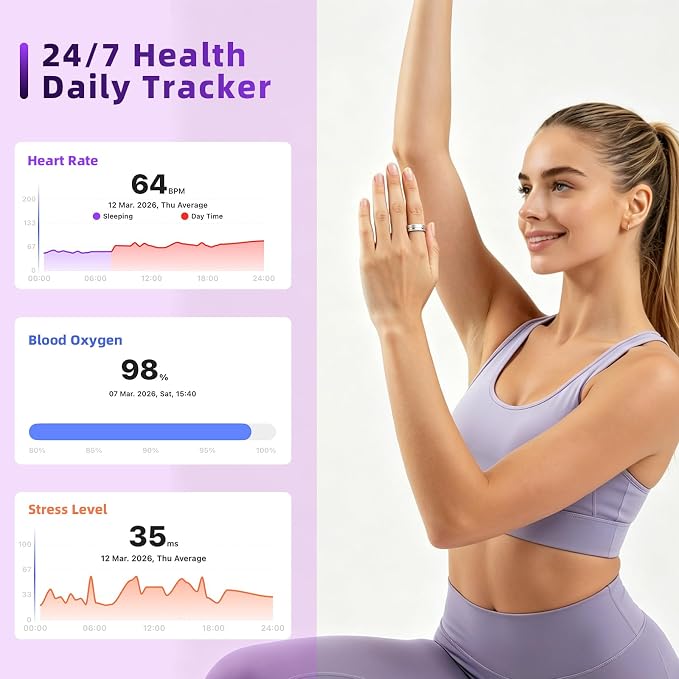 Smart Ring for Women Men, AI Health Fitness Tracker with Sleep, Heart Rate, HRV, Stress, Gesture Photo, IP68 Waterproof, No Subscription, iOS Android (Matte Black,7)
