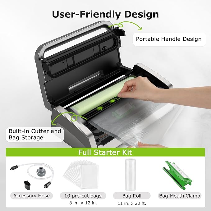 Bonsenkitchen Vacuum Sealer Machine, Powerful Low-Noise Food Vacuum Sealer, Globefish Technology for High-Speed Continuous Working (Full Silver)
