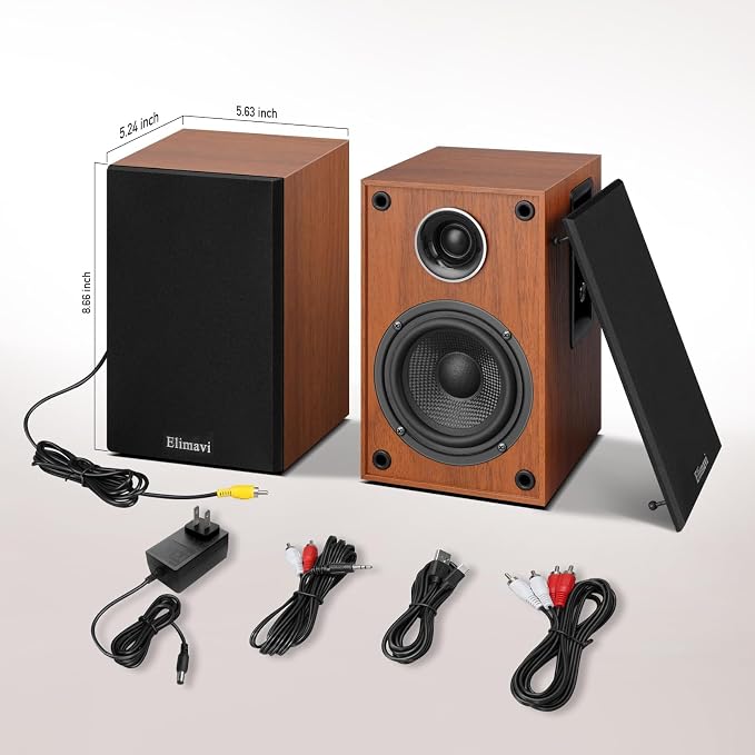 Elimavi Powered Bluetooth 5.3 Bookshelf Speakers - 60W Record Player Speakers with 4" Carbon Fiber Woofer & USB-C/RCA Input, Wooden Monitor Speakers for Turntables, PC, TV, Gaming, Brown