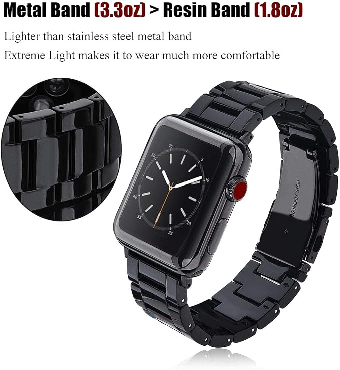 V-MORO Resin Strap Compatible with Apple Watch Band 41mm/40mm/42mm/38mm Series 11/10/9/8/7/6/5 Women Men Fashion Lightweight Wristband with Metal Buckle,iWatch Series 4/3/2/1/SE 2/SE (Black)