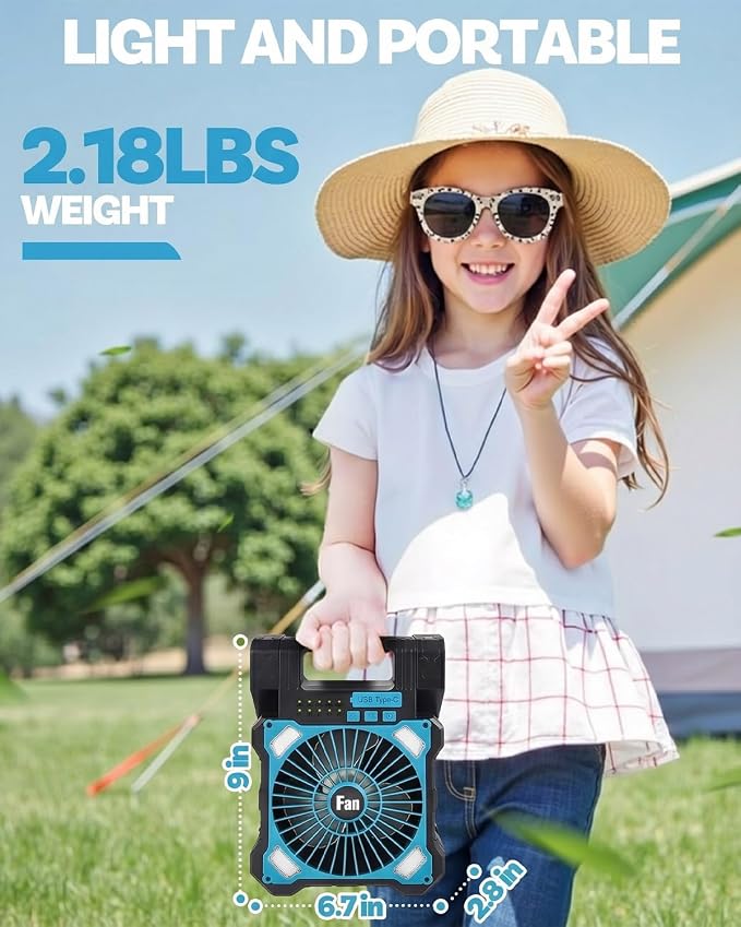 22000mAh Camping Solar Fan, Dual-Panel Rechargeable Solar Powered Fan with LED Light, 5 Adjustable Speeds Battery Powered Portable Fans, USB-C Fans for Travel Tent Home Camping Accessories