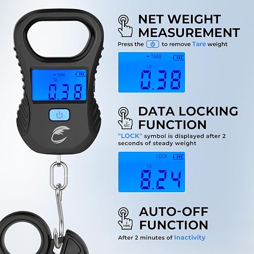 Calamus Lightweight Fish Scale – Rechargeable Digital Scale with USB Cable, 55lb Capacity, Multi-Units Pound/Ounces & Kilograms, High Accuracy, Backlight LCD Display, Fishing Gifts for Men